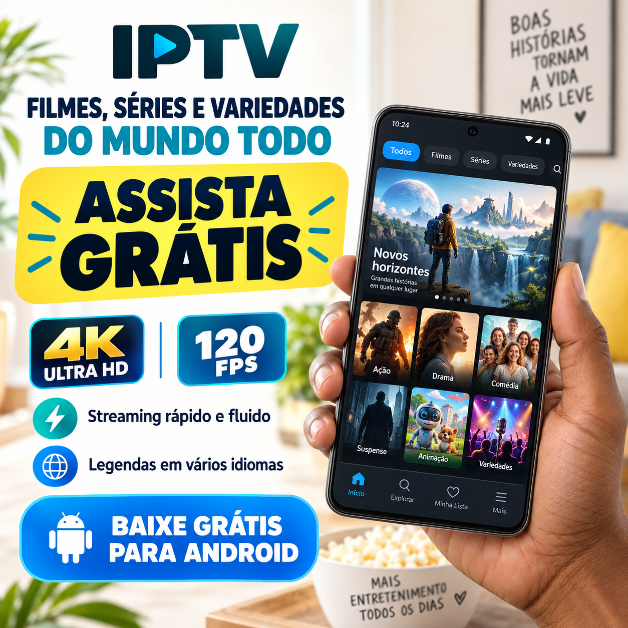 IPTV: filmes, séries e variedades do mundo todo. Assista grátis e baixe para Android. Arte em azul, amarelo e branco com um celular na mão.